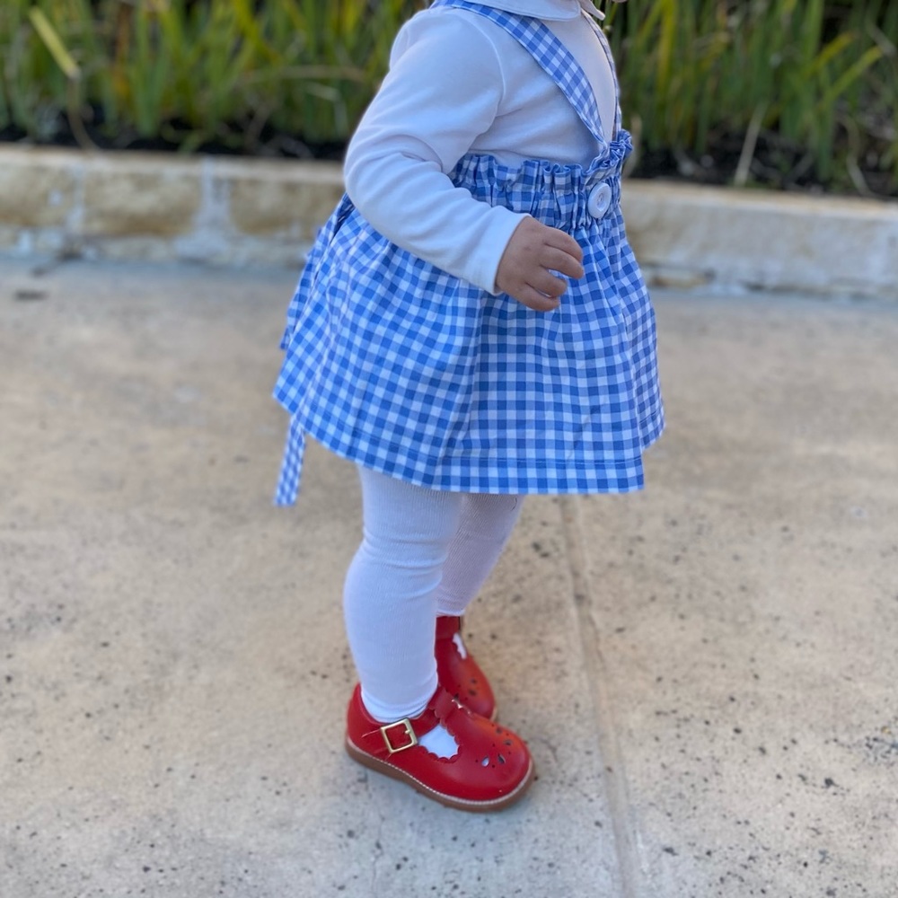 Blue Checkered Kids Dress with Red Shoes